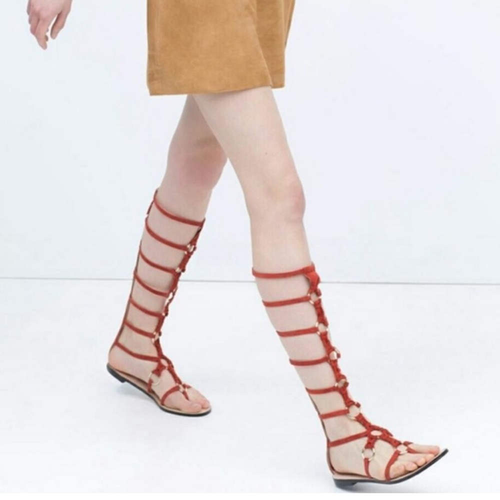 Zara Red Buckle Leather Gladiator Sandal Flats 38